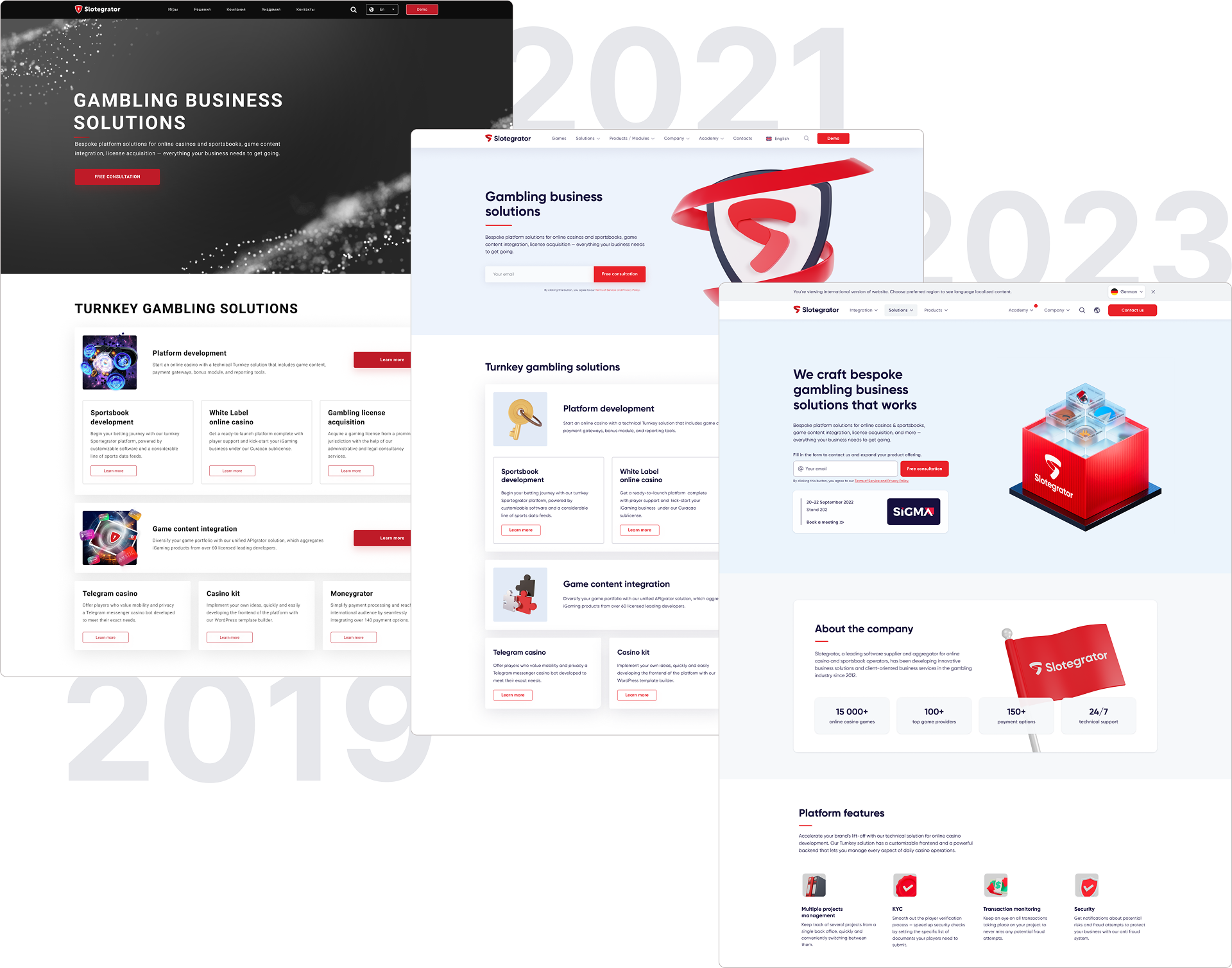 Evolution of the Slotegrator website from 2019 to 2023